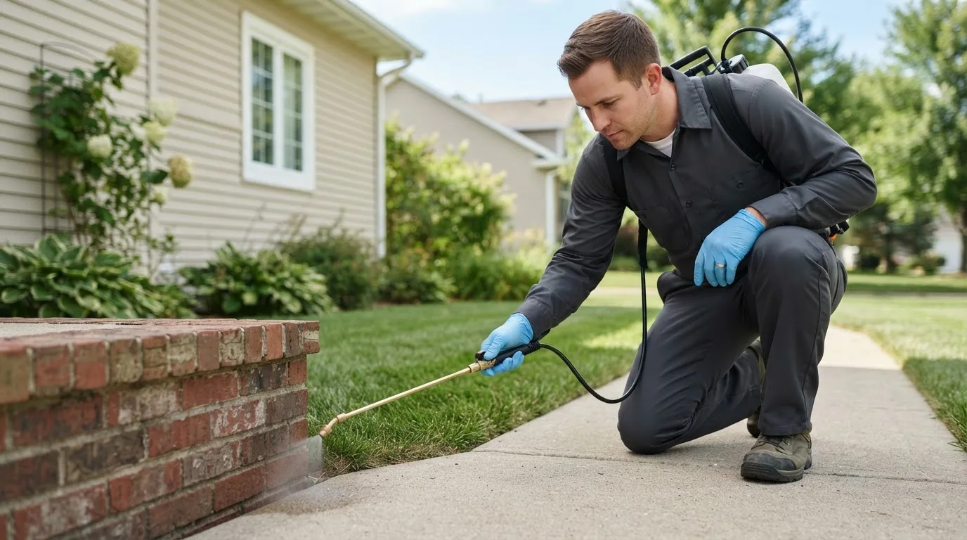 Pest control technician treating a home near Chana, IL