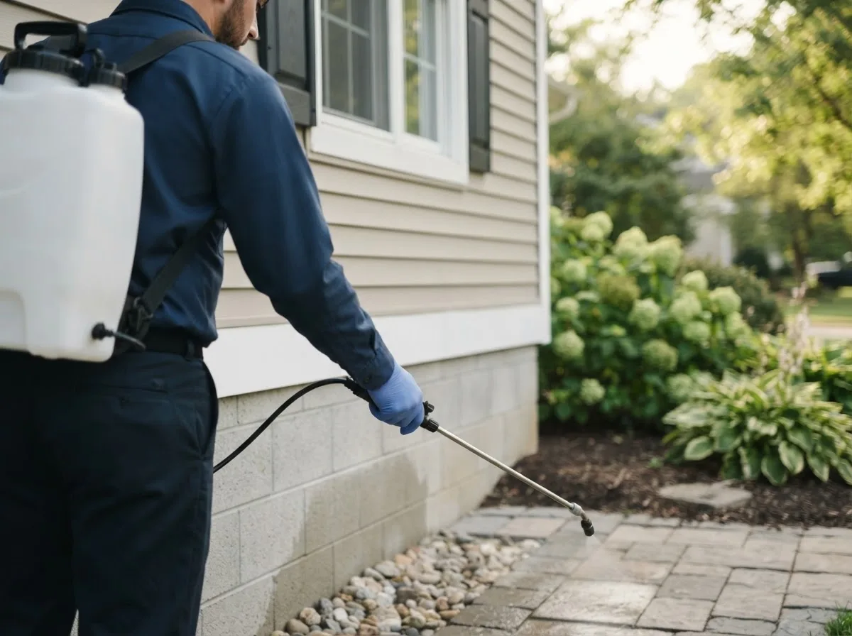 Pest control technician inspecting a home in Chana, IL
